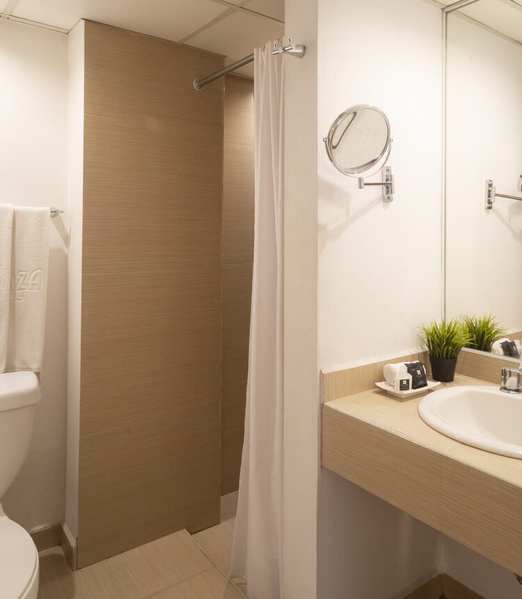 Baño privado con regadera y lavabo en Habitación Sencilla de Stanza Hotel CDMX